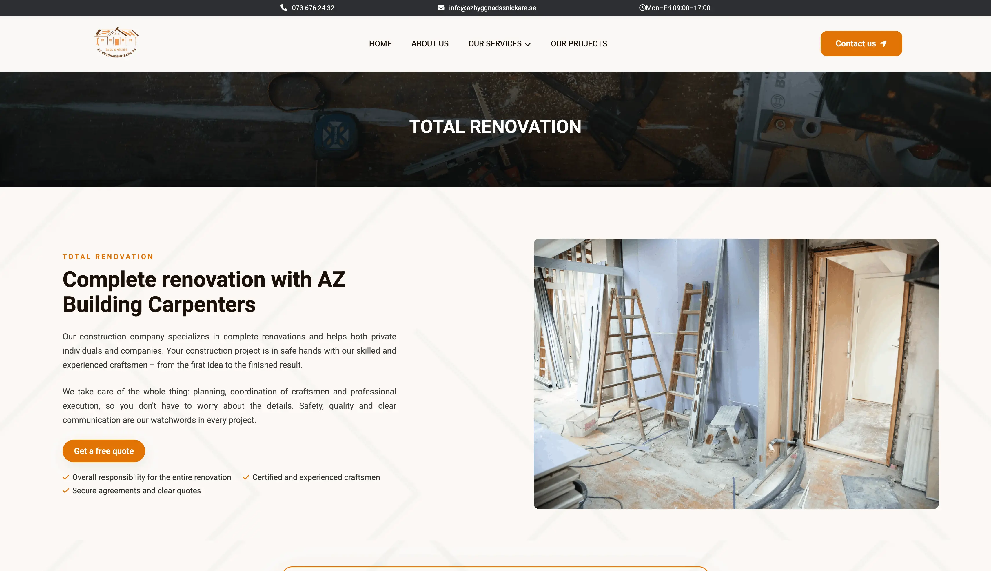 الصفحة الرئيسية لموقع AZ Construction